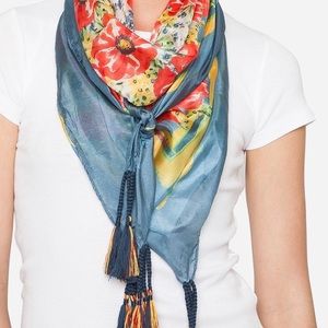 johnny was scarf tassels 
BLUE FLORAL SILK SCARF